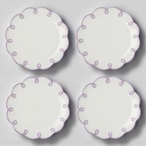 Anthropologie Scalloped Dessert Plates Set of 4 | White w/ Purple Trim | NWOT